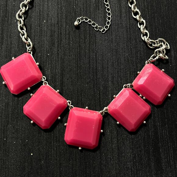 Rose Pink Silver Square Gems Statement Necklace 18 - 21 Inches - Picture 2 of 3